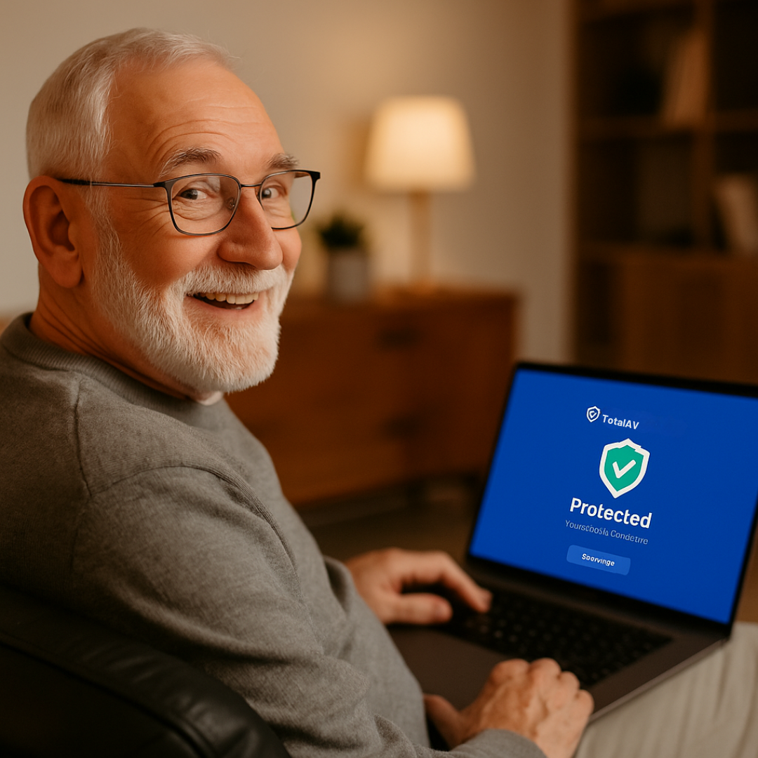 Senior man confidently using laptop with TotalAV protection
