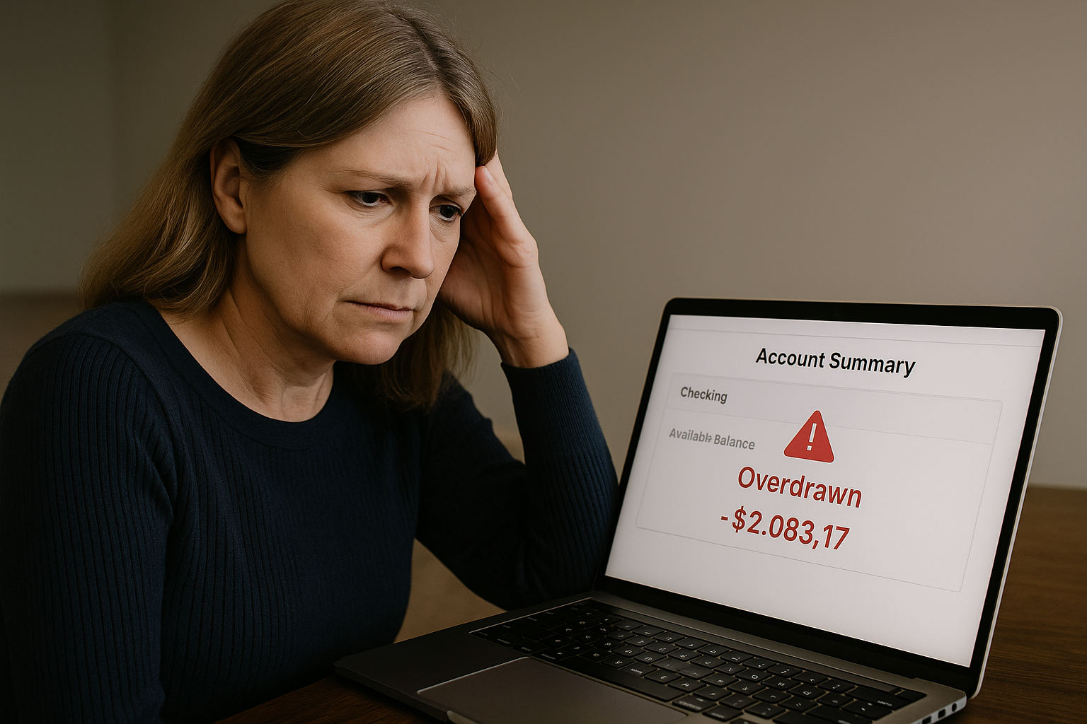 Woman looking distressed at overdrawn bank account on laptop
