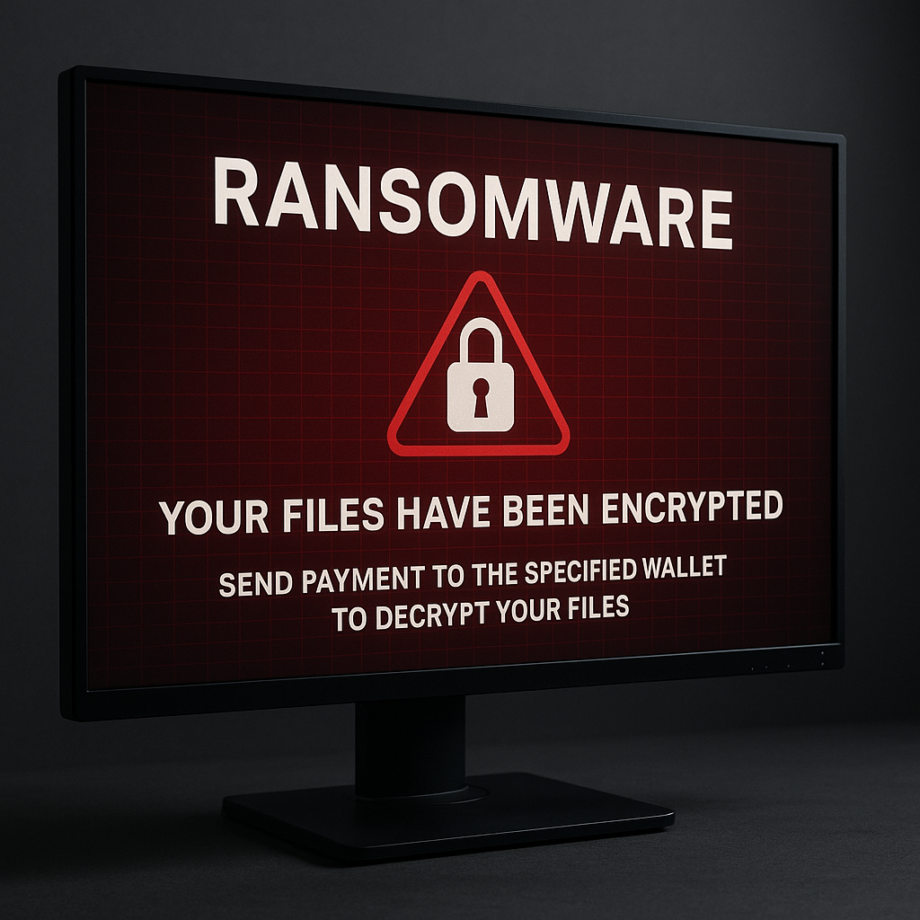 Computer screen showing ransomware warning message
