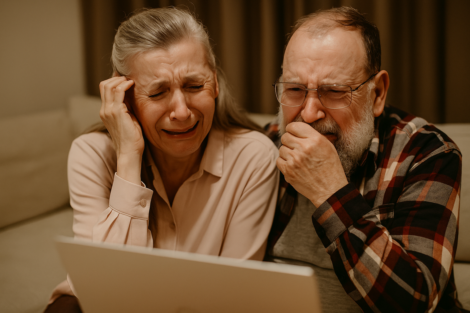 Senior couple looking concerned while using laptop